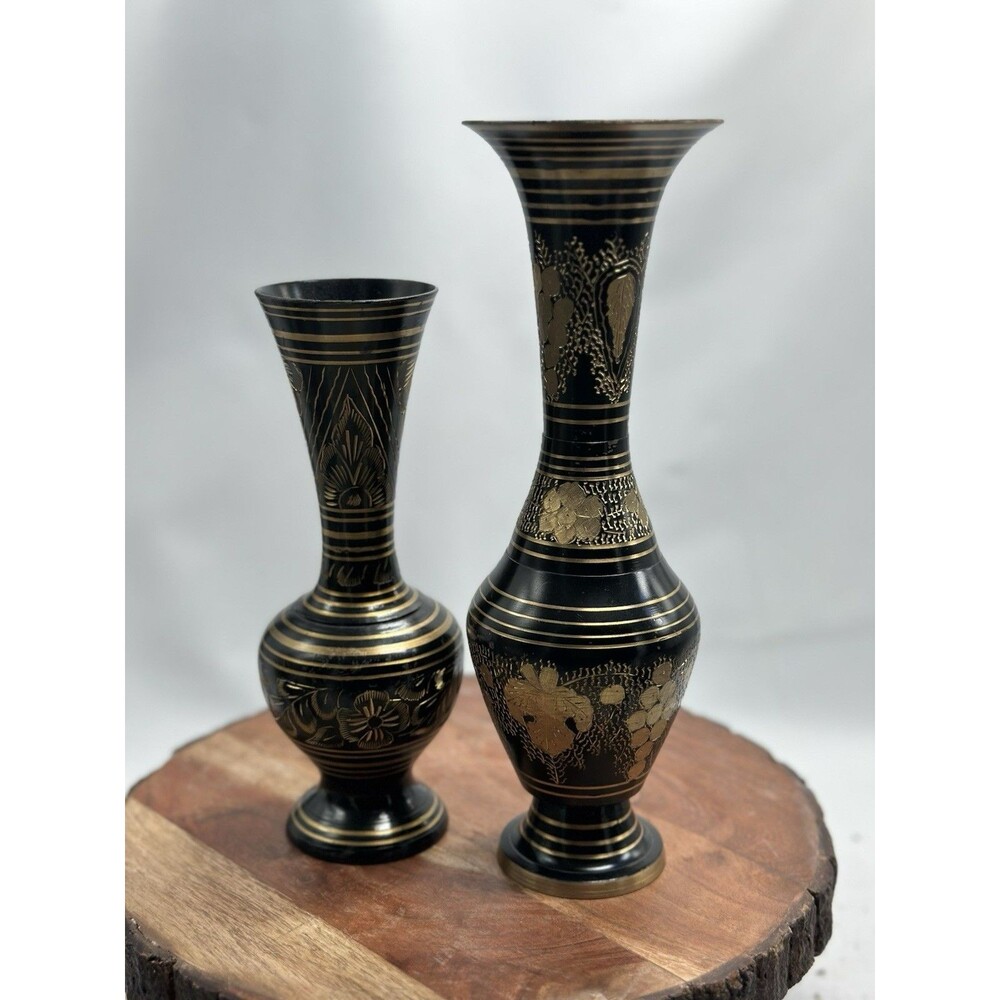 Brass Black Etched Vase Set 2 Pc India Hand Etching Wedding Hollywood Vintage
